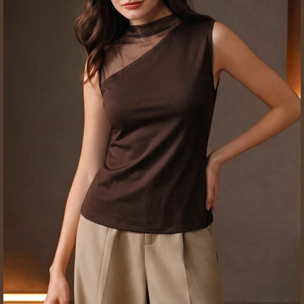 Brown Mesh Yoke Stand Collar Sleeveless Slim Fit Tank Top